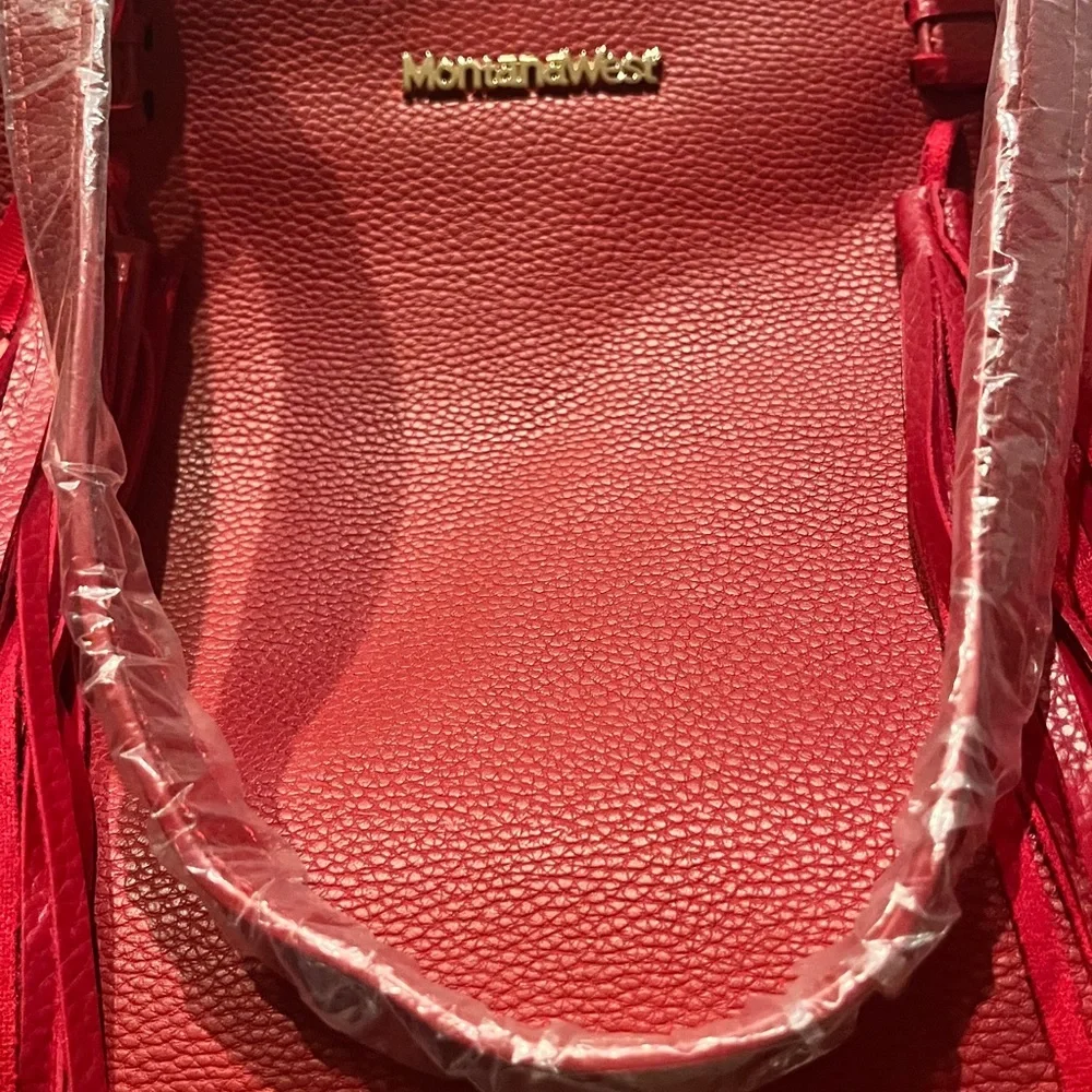 Montana West Red Tote Bag w/Front Tassels & Pebbled Faux Leather (NWT) - Picture 5 of 13